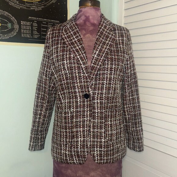 NWT Miami Red & Gold Tweed Plaid Blazer - M - Picture 1 of 6